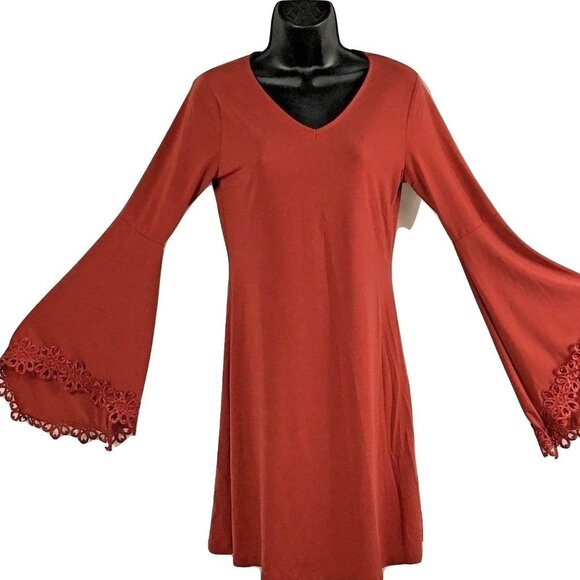 HAANI New York V-Neck Burgundy Dress Long Bell Eyelet Sleeve Petite Small NWT - Picture 1 of 10